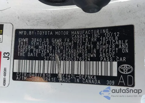 2013 Toyota Corolla Le из США, поврежденный, VIN 2T1BU4EE6DC976224